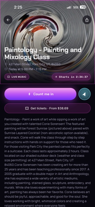 CrashMeet event page for a painting and mixology class with a Count me in button and a Get tickets button showing the price