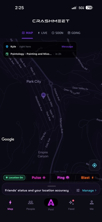 CrashMeet map screen showing a live night-styled map of Park City with a nearby event and Pulse, Ping, and Blast actions