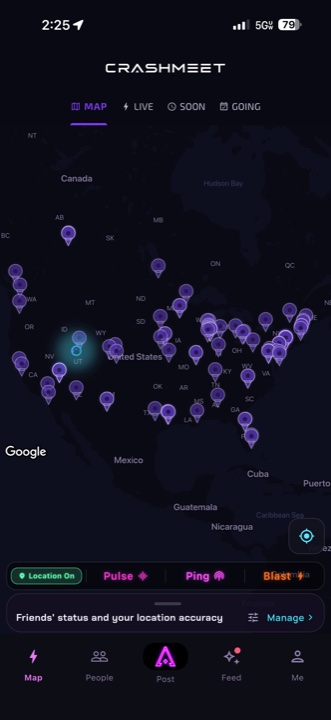 CrashMeet map zoomed out to the United States showing ticketed events across the country